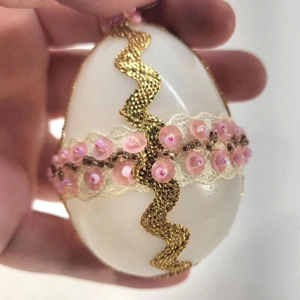 Vintage Glass Beaded Eggs Ornaments Set of 4 Embellished‎ Handcrafted Pink Green